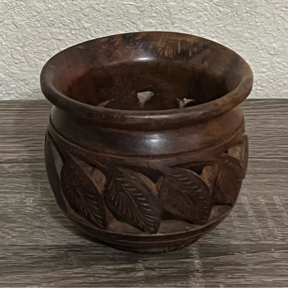 Hand Carved Wooden Acadia Candle Holder With Cutout Leaves Bohemian Decor - Picture 4 of 9